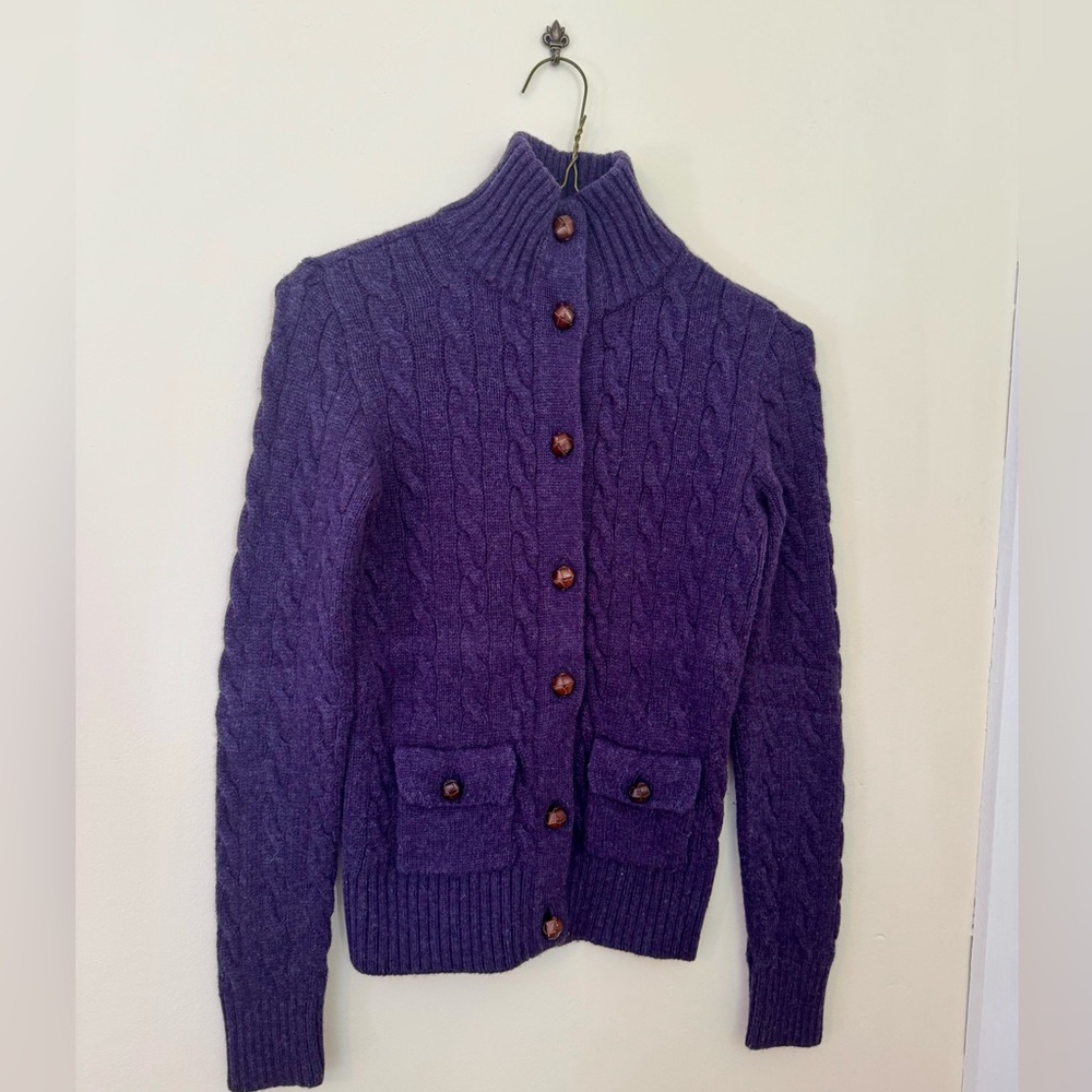 Ralph Lauren Rugby Purple Wool Blend Cardigan Sweater Leather Buttons Size Small